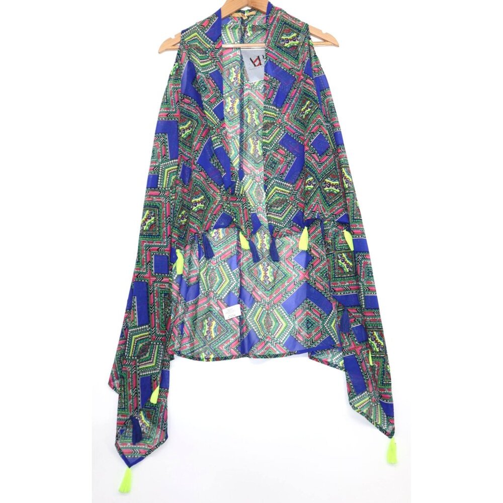 Blue Aztec Kimono Neon Tassels America & Beyond Lightweight Open Front Sz S Boho